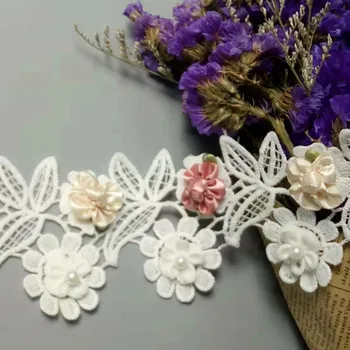 1 yard poliészter gyöngy 3D virágok hímzett afrikai csipkeszövet 2018 Kiváló minőségű csipke díszítő szalag kézzel készített varrómester svájci