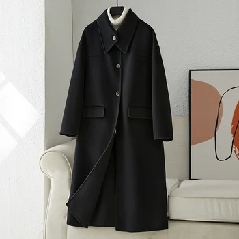 2023 Fekete kétoldalas kasmír kabát női középhosszú őszi/téli Új, csúcskategóriás Hepburn stílusú gyapjúkabát