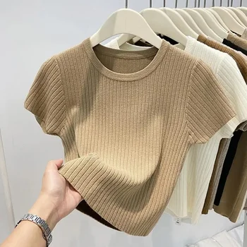 2023 FORRÓ nyári női pulóver O-nyakú rövid ujjú póló Koreai divat kötöttáru Slim Fit pulóverek Alsóing Kötött felső
