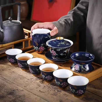 9 db/szett Kínai palota luxus kerámia teáskészlet Kézzel festett virág és madár porcelán teáskanna Kézzel készített Gaiwan háztartási teáskanna