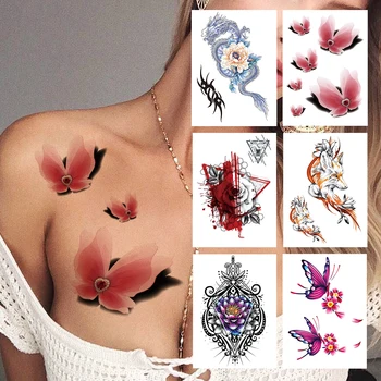Akvarell pillangó ideiglenes tetoválások nőknek Lányok Valósághű hamis sárkánytövis tetováló matrica róka virág geometriai tattos