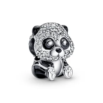 Authentic 925 Sterling ezüst gyöngy csillogó aranyos panda charm fit Pandora női karkötő karkötő karperec ajándék DIY ékszerek