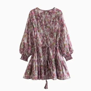 AYUALIN alkalmi virágmintás csipke fel laza rövid ruha női mini vestidos vintage mély V nyakú lámpás ujjú női ruhák