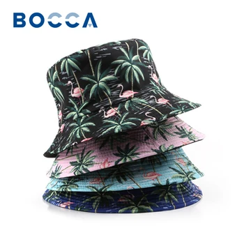 Bocca Print vödör kalap Panama halász kalapok Flamingó kókuszfa nyomtatás Férfi női kétoldalas nyári kültéri fényvédő sapka