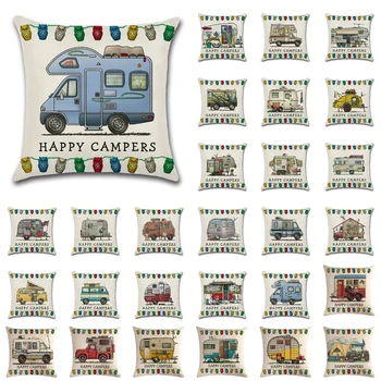 Boldog táborozók Rajzfilm lakókocsi Vászon párnahuzatok Vintage párnahuzat Nappali kanapé Modern dekoratív Dobópárnák huzat