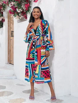 Chic nyomtatott női hosszú ujjú laza Cardigan kimonó ruha színes strandruházat Cover-up kényelmes ruhák Boho ruhák Q1562