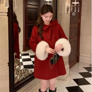 Csokor gallér Laza hosszú gyapjú köpeny Őszi téli ünnep Piros Fekete Divat Szőrme mandzsetta Tweed kabát Elegáns híresség Vintage kabát