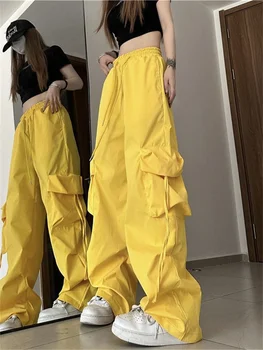 Deeptown koreai stílusú sárga cargo nadrág Nő Y2K Amerikai retro rózsaszín ejtőernyős nadrág Oversize Streetwear Hip Hop melegítőnadrág