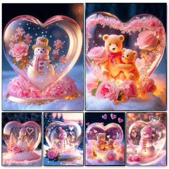 Diy gyémánt mozaik rajzfilm rózsaszín szív medve gyémánt festmény 5D keresztszemes készletek hóember tájkép kristályművészet kép G229