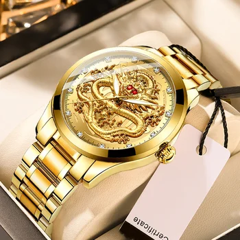 dombornyomott arany sárkányóra férfi vízálló üzleti gyémánt szett Ruby Dial divat Kiváló minőségű óra Relogio Masculino