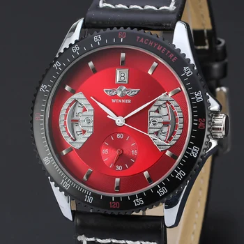 Fashion T-winner Top márka Automatikus mechanikus Reloj Önfelhúzó üreges színű számlap Montre Business Men bőrszíjas órák