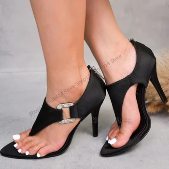 Fekete kék fehér kristálycsat dekoráció flip flop szandál hátsó cipzár női cipő vékony magas sarkú cipő divat 2023 zapatos para mujere