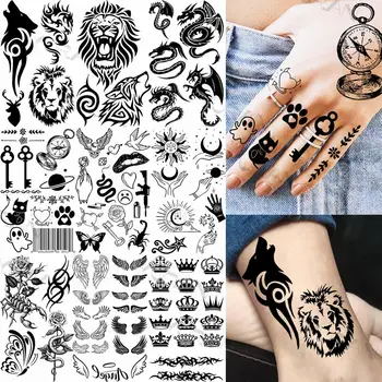 Fekete oroszlán tigrisfarkas ideiglenes tetoválások nőknek Férfiak Valósághű sárkány iránytű hamis tetoválás matrica ujj művészet Kis Tatoo matrica