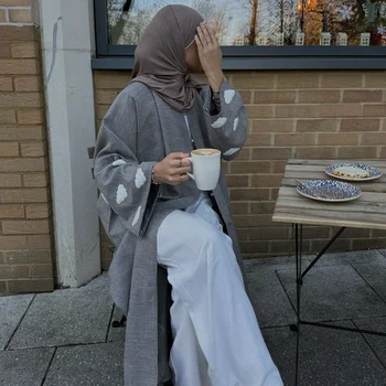Felhők Hímzés Nyitott vászon Abaya Luxus Dubai Eid hidzsáb ruha Török ramadán Új abayák muszlim nők számára Iszlám ruhák Kaftan