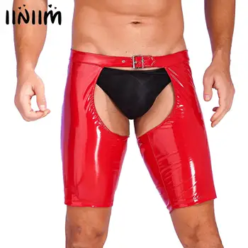 Férfi fehérnemű latex Crotchless nadrág állítható csat kivágású rövidnadrág nedves megjelenésű lakkbőr nyitott ágyék nyitott fenék rövid nadrág