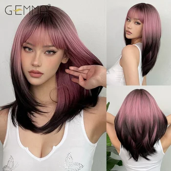 GEMMA szintetikus ombre fekete-rózsaszín paróka frufruval hosszú, egyenes rétegű cosplay parókák nőknek hőálló szálas hajparóka