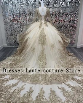 Gold Quinceanera ruha csipke gyöngy báli ruha vestidos para 15 vestido años csillogó hosszú ujjú flitteres születésnapi báli ruha 2024