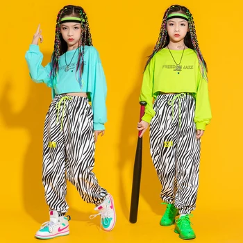 Gyerekbemutató ruhák Hip Hop ruházat Crop Tops Hosszú ujjatlan pulóver Zebra nadrág lányoknak Jazz tánc Viseljen jelmez ruhák