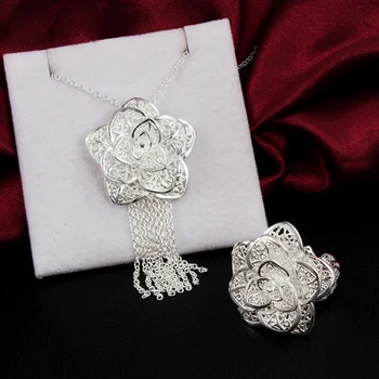Gyönyörű 925 sterling ezüst finom virág Medál nyaklánc gyűrűk Ékszer szett nőknek Divat Party esküvői lány Ajándék