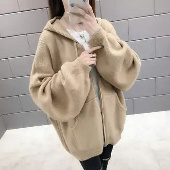Kapucnis pulóver női Cardigan 2019 Új laza őszi téli meleg kötött divatkabát női HK167