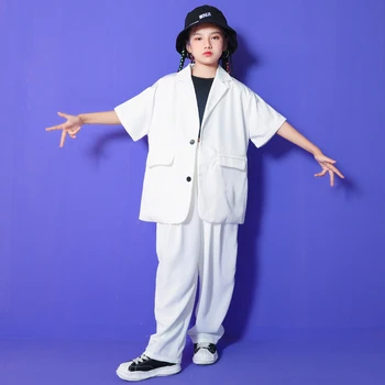 Kids Kpop ruhák Tini Hip Hop Ruházat White Blazer Rövid ujjú öltöny Kabát felsők Nadrág lányoknak Fiú Jazz Tánc Jelmez ruhák