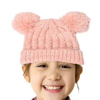 Kisgyermek téli kalap rugalmas plüss kötött sísapka pompomokkal baba hideg időjárásra csavart fejfedő otthoni iskolába