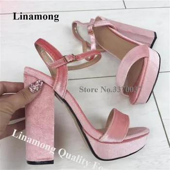 Linamong Elegant High Platform Velvet Chuunky Heel Sandals PInk Grey One Strap Bokastrap Thick High Heel Sandals Ruha sarok