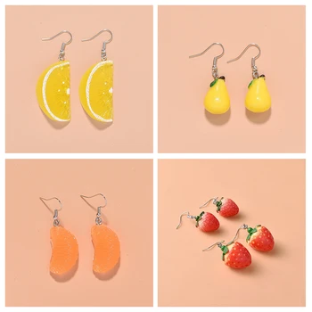 LUOLER 1Pair kreatív csepp fülbevaló nőknek Gyümölcs narancssárga Eper Hosszú lógó fülbevaló Divat lila rózsaszín fülékszer lógó
