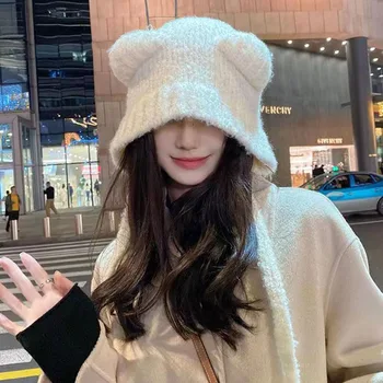 Meleg kis medve kötött kalap női fülvédő gyapjú pulóver kalap Japán téli szélálló kalap Kpop aranyos lány tömör kalap