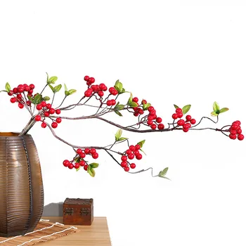 Mesterséges bogyós művirág növény Kis piros gyümölcs esküvői dekoráció Újévi karácsonyi bogyós ág lakberendezés