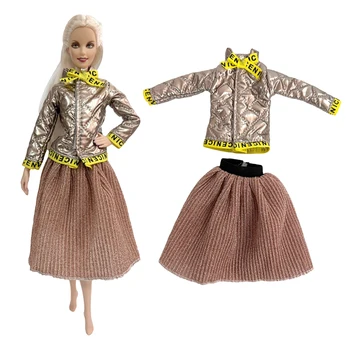 NK 1 szett Divatos hölgy öltözék Menő kabát Fényes kabát rakott szoknya Napi alkalmi viselet Ruhák Barbie baba kiegészítőkhöz