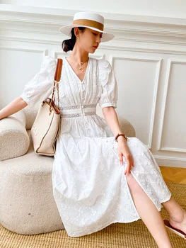 Nyári fehér francia ruha Női alkalmi hímzés fodrok Karcsú derék Középhosszú ruha Celebrity Holiday V-nyakú Bohe Beach Dress
