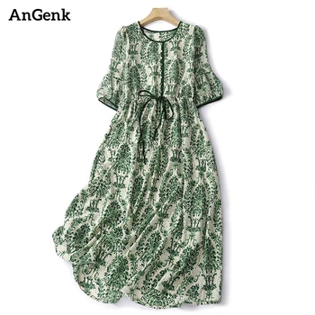 Nyári mintás vintage ruhák nőknek 2023 Új alkalmi hosszú zöld ruha Femme köntös Irodai hölgy munka Vestidos elegáns ruházat