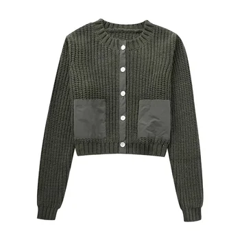 Női divat Armygreen laza rövid kötött Cardigan 2023 őszi női alkalmi zseb patchwork kötött kabátok designer dzseki