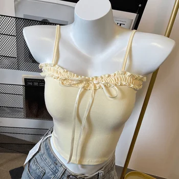 Női divat pamut Camisole masni Sweet Tie Hottie Summer Slim-fit a Line Neck Lace-up Short Camisole Girl Sexy Suspender Tanks
