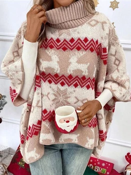 Női karácsonyi pulóverek Classic Elk hópehely mintás denevérszárny ujjú garbó pulóver kötött felsők