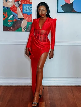 Női szexi piros hosszú ujjú V nyakú hát nélküli fűzős kivágás Design Aszimmetrikus Maxi Bodycon Celebrity Cocktail Club 2023 ruha