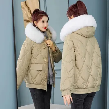 Nők Nagy szőrme gallér kapucnis párnázott kabát Téli parkok új divat rövid vastag meleg pamut ruhák női laza kabát G2992