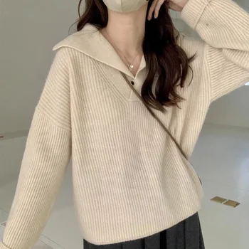 OHRYIYIE koreai lehajtható galléros pulóver nők 2023 őszi téli hosszú ujjú kötött pulóver női egyszínű pulóver pulóverek