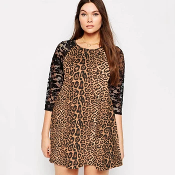 Plus size tavaszi őszi alkalmi leopárd ruha 3/4 csipke ujjú laza tunika ruha női nagy méretű hinta ruha 4XL 5XL 6XL 7XL 8XL