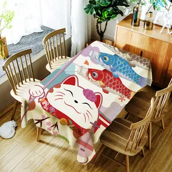 Rajzfilm Szerencsés macska és hal nyomtatás Étkezőasztal porálló terítő Japán stílusú asztalterítő Esküvői dekoráció Party asztalhuzat