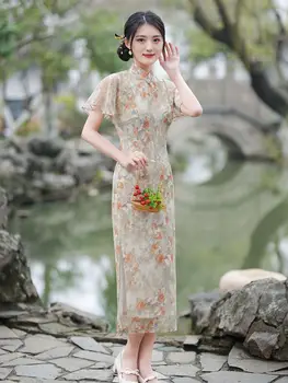 Szexi csepp gallér repülő ujj sifon hosszú stílusú Qipao divat vintage nők lányok Cheongsam ruha