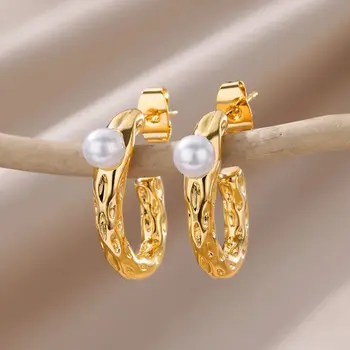  texturált C alakú gyöngy fülbevaló nőknek arany színű Új rozsdamentes acél fülbevaló 2024 Felkapott ékszer ajándék Ingyenes szállítás