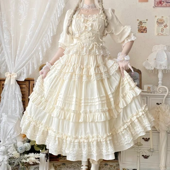 Vintage elegáns Lolita ruha női édes szögletes nyakú íj karcsú kötés hercegnő ruhák lány japán gótikus tea party hosszú ruha