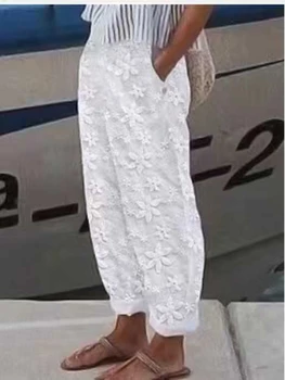 Vintage nadrág Mujer Women Fehér hímzőnadrág Tavaszi nyári alkalmi Elegáns Tunika Rugalmas derék Csipke Patchwork Fehér nadrág