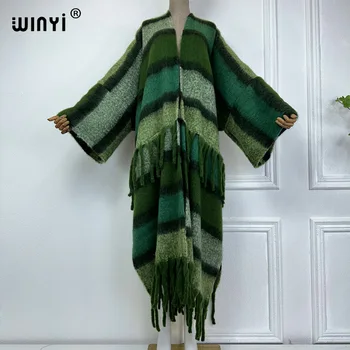 WINYI 2023 Afrika télikabát nőknek csíkos mintás bojt Luxus hosszú szőrme Laza kabát vastag meleg karácsonyi ruha kabát