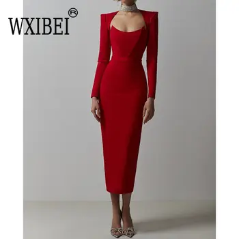 WXIBEI 2023 Új női V-nyakú kötszerruha szexi teljes ujjú híresség bodys estélyi midi party ruha Vestidos FC654