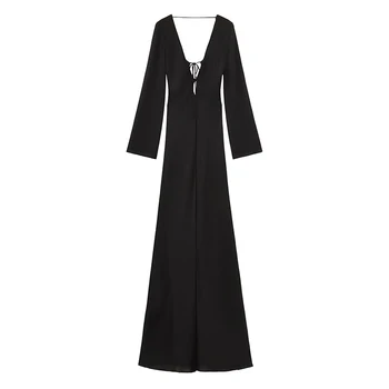 YENKYE Szexi hát nélküli fekete hosszú ruha női Fűző V nyak A-vonalú Club Party ruhák Maxi Vestidos