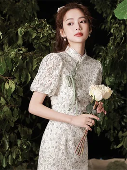 zöld virágos buborékhüvely továbbfejlesztett dizájn Cheongsam nyári fiatal lány ruha Cheongsam modern kínai Qipao női ruhák