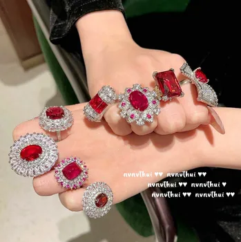 Új divatos, káprázatos rubinvörös cirkónium eljegyzési gyűrűk nőknek 925 ezüst geometrikus kristály vintage esküvői zenekar ékszerek